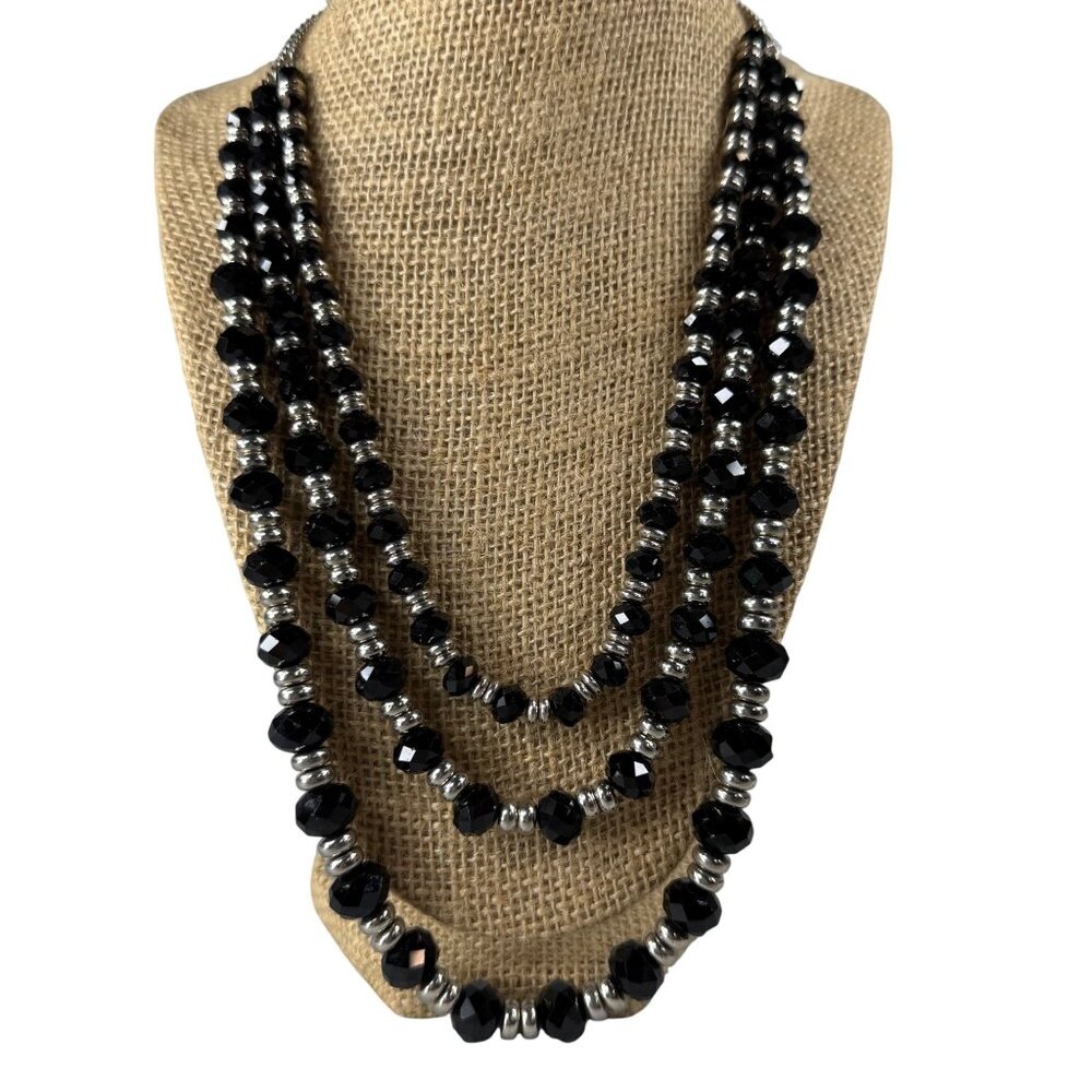Black Faceted Beaded Necklace Three Strand Silver Tone Accents Vintage Classic